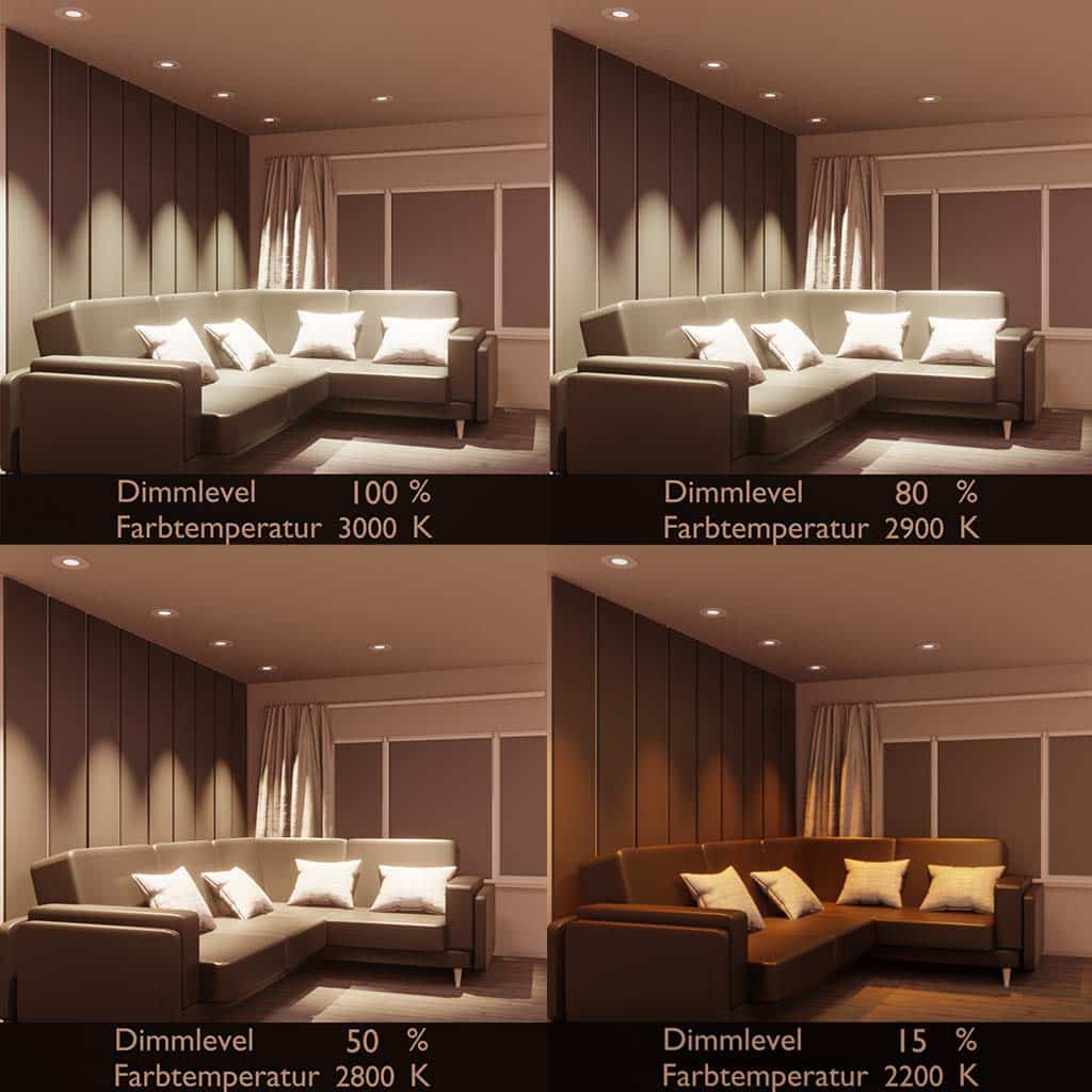 Verschiedene dim-to-warm-Einstellungen im Anwendungsfall LED-Spots im Wohnzimmer.